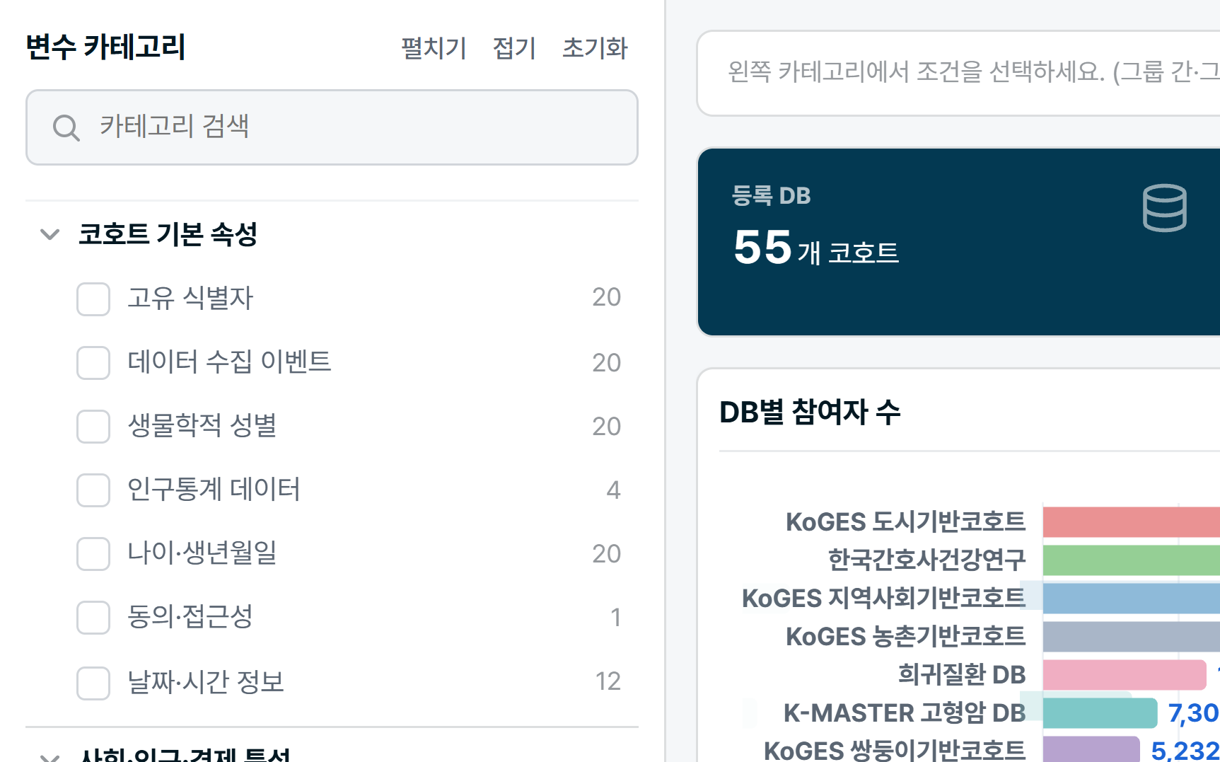 왼쪽 변수 카테고리 목록 — 카테고리 검색창과 코호트 기본 속성 항목